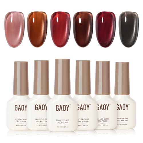 GAOY Red Cat Eye Gel Nail Polish Set with Magnet, 6 Colors Dark Red Burgundy Brown Glitter Gel Holography, Long Lasting for Nail Art at Home & Salon Manicure