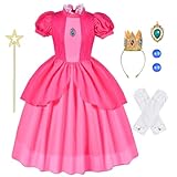 Aomig Prinzessin Peach Kostüm, 6-Teiliges Rosa Peach Kostüm Prinzessinnenkostüm mit Krone, Ohrringen, Handschuhen, Brosche und Zauberstab, Geeignet für Princess Peach Showtime an Halloween(110)