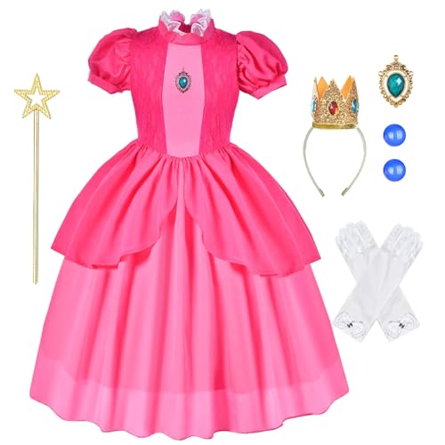 Aomig Peach Princesse Déguisement Enfant, Rose Peach Robe de Soirée Cosplay Halloween Costume, Peach Princess Costume Dress Fille Costume Princesse Peach Halloween Carnaval Noël Anniversaire Fête(130)