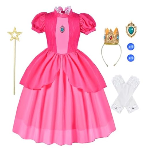 Aomig Prinzessin Peach Kostüm, 6-Teiliges Rosa Peach Kostüm Prinzessinnenkostüm mit Krone, Ohrringen, Handschuhen, Brosche und Zauberstab, Geeignet für Princess Peach Showtime an Halloween(150)