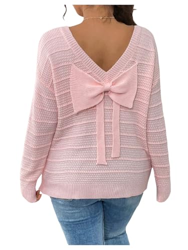 Women's Plus Size Textured Sweater Bow Back Crew Neck Long Sleeve Pullover Knitwear Lightweight Knit Tops
