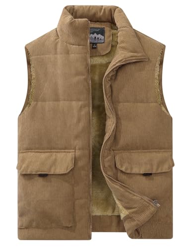 Flygo Mens Sherpa Lined Puffer Vest Corduroy Winter Vests Warm Sleeveless Quilted Fleece Vest Jacket Outerwear