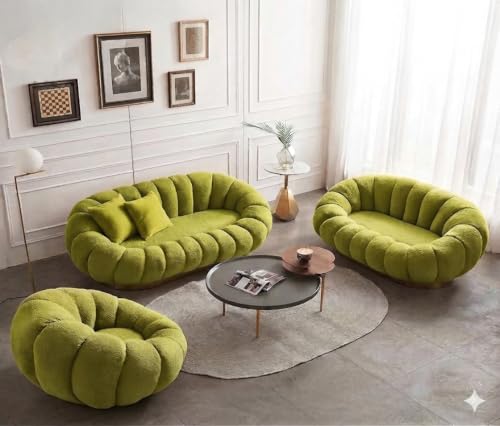 Image of CRAFTCITY Pumpkin Style Wooden Sofa | Contemporary Wool Sofa for Living Room (Lime Green, 6 Seater)