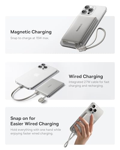 Image of Baseus Picogo Qi2 15W Magsafe Portable Charger, 0.5 inch Ultra Slim 10000mAh Wireless Power Bank with 27W Built-in USB-C Cable, Magnetic Battery Pack for iPhone 17 Pro Max /17 Pro /Air /16 /15 /14 /13 /12
