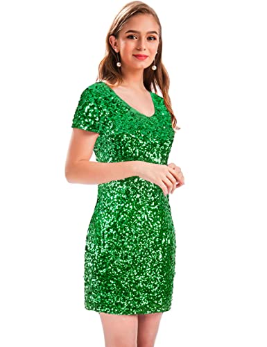 Image of MANER Women's Sequin Glitter Short Sleeve Dress Sexy V Neck Mini Party Club Bodycon Dresses