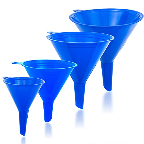 Liqvee Funnel Blue in 4 Different Sizes (122, 101, 76 & 50mm) Durable & Non-Toxic Food Grade Plastic -Funnels for Filling Bottles or Containers – Ideal for Kitchen, Garage & Labs (Blue)