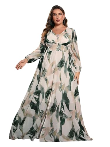 Image of Spring Summer 2024 Plus Size Womens Dresses V Neck Casual Elegant Long Sleeve Floral Print Maxi Dress