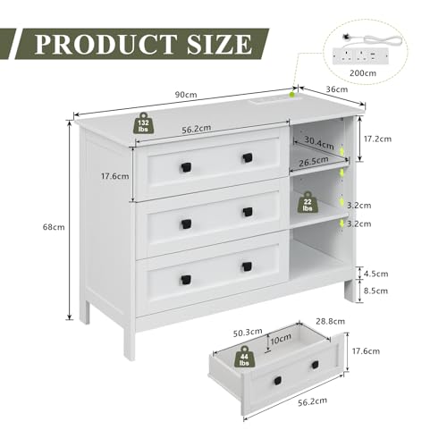 FEONASE Chest of Drawers Bedroom with Charging Station, 3 Drawer Chest of Drawers with Open Storage Unit, Modern Wooden MDF Bedroom Cabinet Furniture,90x 68x36cm White