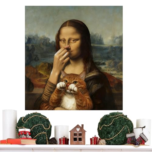 Genérico Impresión Lienzo Mona Lisa - Gato Divertido Tapando Nariz Arte Pared Vintage, Póster Aseo Baño WC Invitados Decoración Impermeable 30x40cm, Humor Imagen Regalo Único Casa Resistente