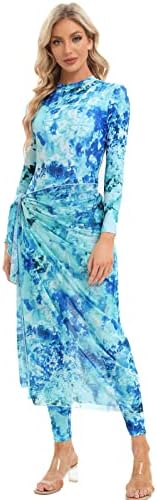 Womens Muslim Swimsuits Tie Dye Top Swim Pants with Long Sarong Cover up Wrap Skirt Swimwear Modest Bathing Suit 4PCS