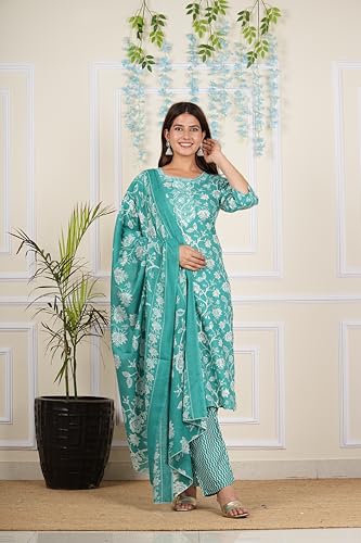Image of Yash Gallery Women's Cotton Cambric Knee Length Round Neck Floral Printed Embroidered & Checkered Printed Regular Fitted 3 /4Th Sleeve Kurta Pant With Dupatta