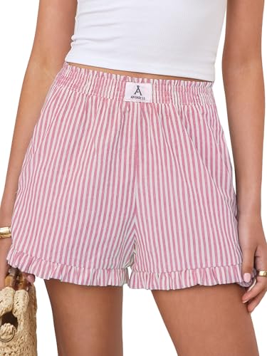 ANRABESS Womens Ruffle Boxer Shorts Pajama Gingham Shorts Summer Casual Lounge Sleep Plaid Beach Bottoms Pockets 2026 Trendy Pink White Stripe Large