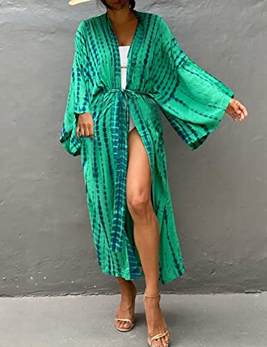 Image of Bsubseach Stylish Tie Dye Open Front Long Kimono Swimsuit Coverup for Women | Loose Fit Boho Style Bathing Suits Cardigans,Summer Causal Resort Wear