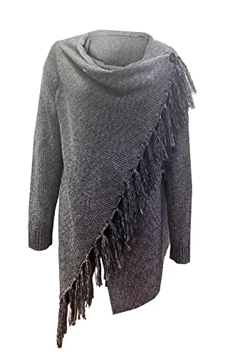 Image of Women's Open Front Knited Tassels Slash Loose Cardigan Crew Neck Speckled Fringe Sweater Outwear