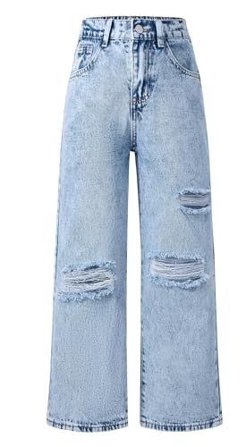 Jean déchiré enfant fille style ample : pantalon denim taille élastique 5-14 ans