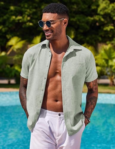 Image of COOFANDY Men's Button Down Shirts Short Sleeve Casual Shirts Summer Beach Linen Shirts with Pocket