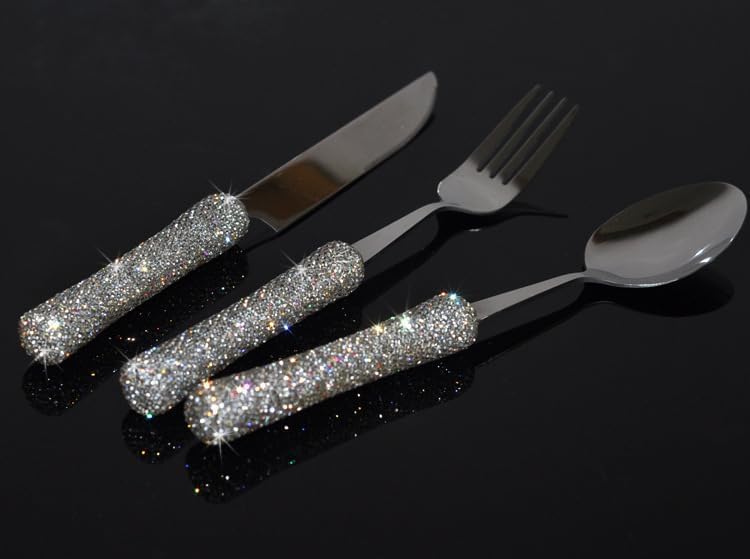 Miniatura 3 de Juego de utensilios culinarios deslumbrantes con diamantes de imitación brillantes para oficina, almuerzo y viajes (3, plateado)