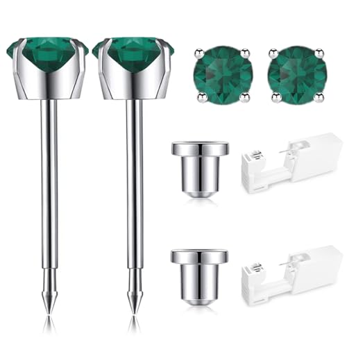 SugarTang Ear Piercing Gun Kit - Disposable 316L Surgical Stainless Steel 4mm Prong Set Cubic Zirconia Stud, At Home Self Piercer With Birthstone Earrings (Emerald)
