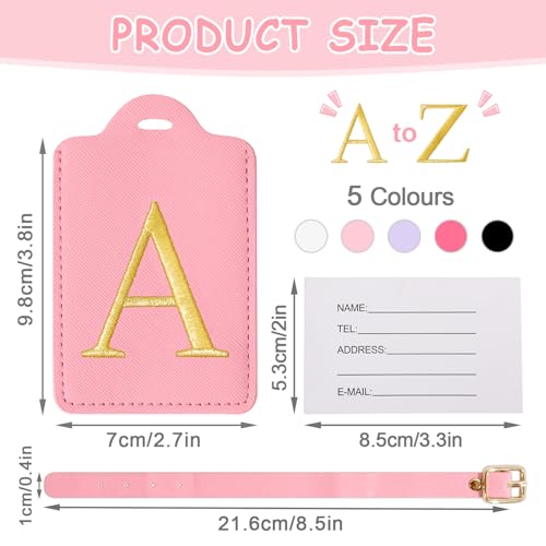 Image of Initial Luggage Tags for Suitcases, Cute Embroidered Letter Luggage Bag Suitcase Identifier Name Baggage Tag, PU Leather Travel Luggage Tags, Bag Tags for Men Women Kids Luggage Handbags(Pink A)