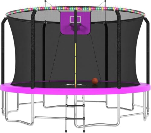 Image of ACWARM HOME Trampoline Outdoor 15FT Trampoline with Basketball Hoop and LED Lights, Recreational Trampolines for Kids and Adults with Net and Ladder, ASTM Approved, Purple