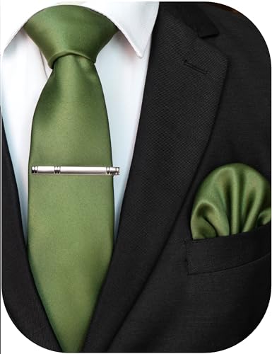 JEMYGINS Corbata para hombre con superficie mate, incluye pañuelo de bolsillo y juego de alfiler de corbata, verde oliva, M