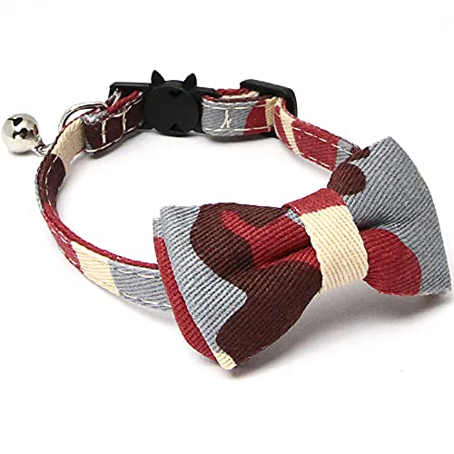 TATOTTE ねこ 首輪 リボン 鈴付き セーフティーバックル 小型犬 子犬 蝶ネクタイ 調整可能 軽量 チョーカー (迷彩レッド)