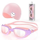 Zeligerstar Kids Swim Goggles with Silicone Swim Cap, Swimming Goggles Cap Set for Kids 6-14, Anti-Fog Anti-UV Pool Glasses for Boys Girls Children