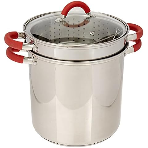 EXCELSTEEL 12 Qt Multifunction Stainless Steel Pasta Cooker with Encapsulated Base, Vented Glass Lid, and Riveted Silicone Covered Handles, 10"D x 13.75"W x 14"H Cover