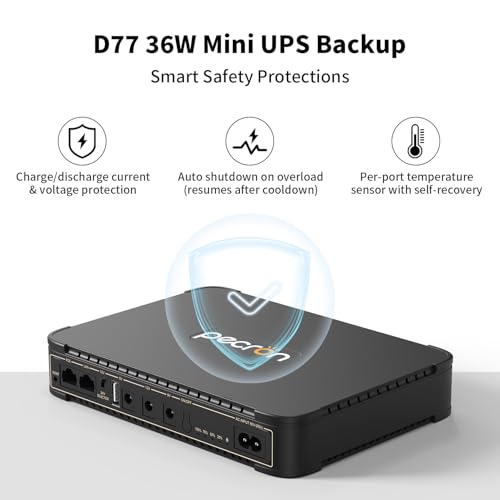 Image of PECRON D77 DC UPS Battery Backup, 76.96Wh Small UPS for WiFi Router /Modem /Security Camera /Phone, Uninterruptible Power Supply with PoE Port, 5V /9V /12V DC5521 Port, 5V USB-A