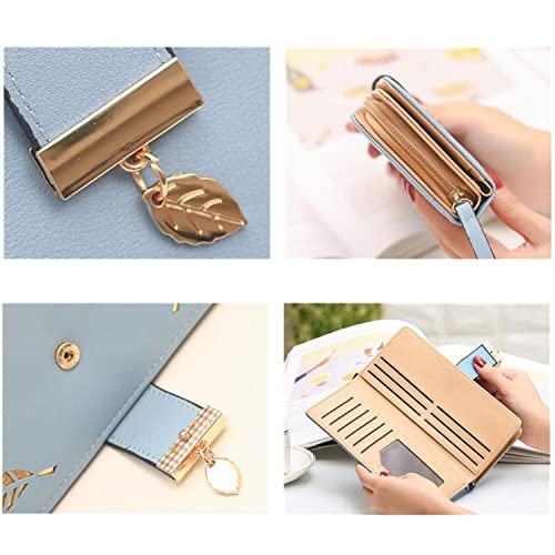 Oirtmiu Women Wallet Long Pu Leather Large Capacity Multi Card Case Leaf Wallet Phone Passport Checkbook Wallet For Women With Zipper Pocket Coin Purse (Leaf Blue) #TOP2