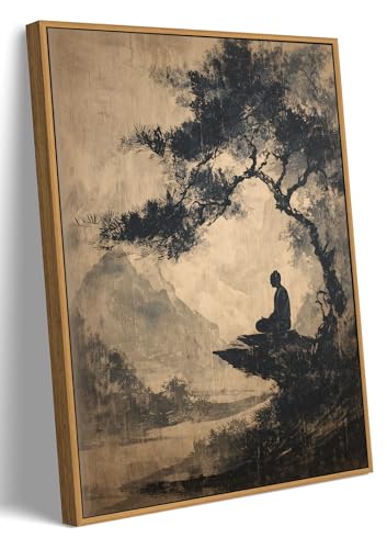LJTYTHJA Framed Zen Landscape Wall Art Vintage Yoga Tree Wall Decor Minimalist Meditation Canvas Prints Artwork Moody Buddhist Pictures for Yoga Studio Study 12x16in