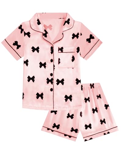 JiAmy Pyjamas Mädchen Kurzarm Schlafanzug Sets Sommer Kinder Satin Pjs 2 Stück Button Down Teenager Nachtwäsche Bow Print Loungewear Set 150,Dunkelrosa