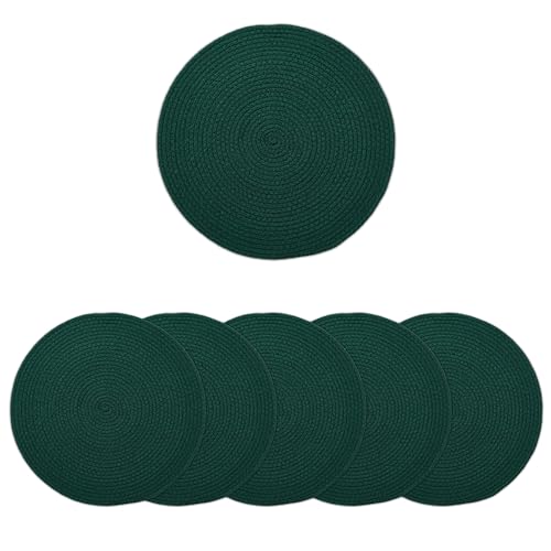 Encasa XO Manteles Individuales Juego de 6 | Manteles Redondos de Algodón - Diámetro de 33 cm | Verde Oscuro | Estilo Acanalado Hecho a Mano