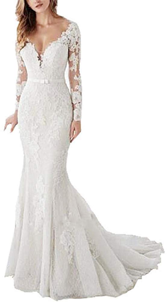 Snow Lotus Abito da sposa a sirena con scollo a V da donna a maniche lunghe in tulle con applicazioni in pizzo