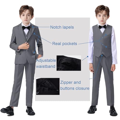 Image of Boy Suits 5 Pieces Formal Suit Set with Adjustable Waist Kids Dress Suit for Wedding Prom