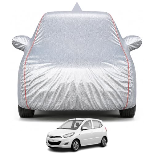 Image of Premium Car Cover for Hyundai's i10 2007-2012 Models | Waterproof, UV & Dust Protection | Mirror & Antenna Pocket | Triple Stitched, Soft Inner Lining, Belt & Buckle (Metalic Silver)