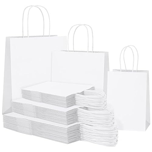 Image of Aakriti White Kraft Gift Bags with Handles, Natural Plain Kraft Paper Shopping Bags for Retail Business, Grocery, Craft, Birthday, Wedding, Party Favors in 3 Sizes (30 PCS White Paper Bag) Mix Sizes