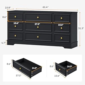 Hasuit Large Dresser with 9 Drawers for Bedroom, 61.4'' Long Modern Chest of Drawers, Black Wide Dressers Clothes Closet, Wooden Bedroom Funiture Storage Organizer Hasuit Large Dresser with 9 Drawers for Bedroom 614 Long Modern Chest of Drawers Black Wide Dressers Clothes Closet Wooden Bedroom Funiture Storage Organizer