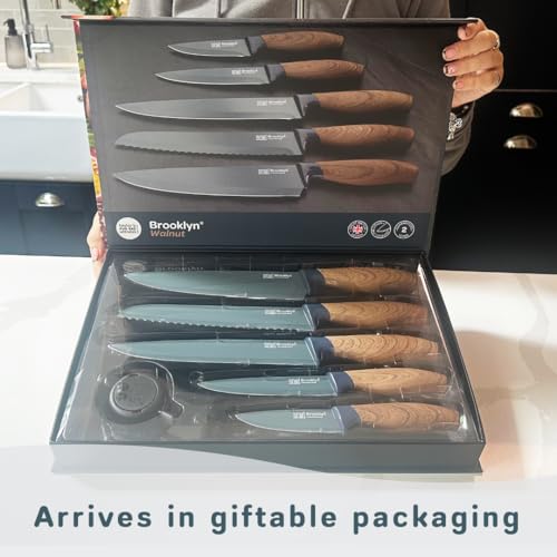 Taylors Eye Witness 5pc Walnut Look Presentation Knife Set - Brooklyn Anti-Bacterial Non Stick Blue Blades. Paring, All-Purpose, Chefs, Serrated Bread & Carving Knife with Bonus Knife Sharpener - Image 7