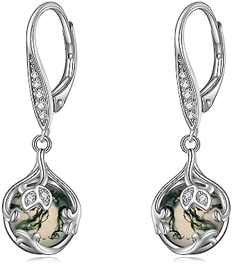 Moss Agate Teardrop Dangle Earrings for Women 925 Sterling Sliver Teardrop Moss Agate Dangling Leverback Earrings Anniversary Birthday Jewelry Gifts for Wife Girlfriend Mom Daughter