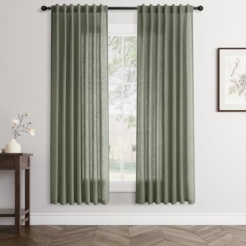 Jowels Olive Green Linen Curtains 78 Inch Long 2 Panels for Living Room