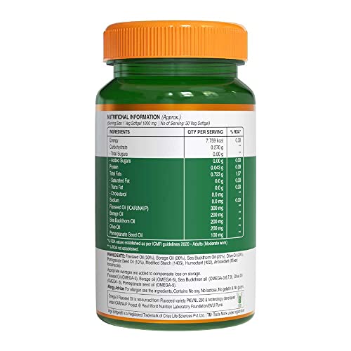 Image of Pure Nutrition Vegan Omega 3-5-6-7-9 | 60 Veg Softgels (30 x 2) | Blend of Seabuckthorn, Flaxseed, Pomegranate, Borage & Olive Oils | Supports Heart, Nerve, Kidney Health | Improves Lipid Profile & Lowers Cholesterol