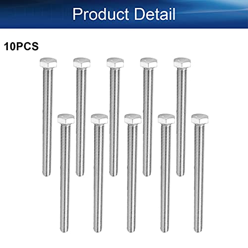 Image of Bettomshin 10Pcs M8 x 100mm Hex Bolts, 304 Stainless Steel 1.25mm Thread Pitch Fully Threaded Metric Hex Head Screw Bolts, Hexagon Screw Bolt, Hex Tap Bolts, Silver (Overall Size 105.45x13x13mm)