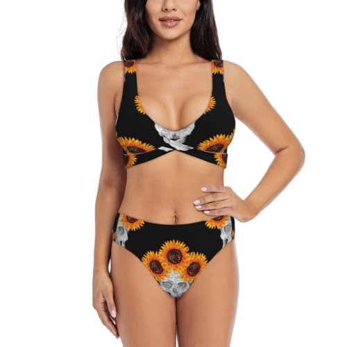 Fgwaauh SSunflower - Conjunto de bikini con estampado de calavera para mujer, con cuello en V, trajes de baño 2026, Negro, XXL