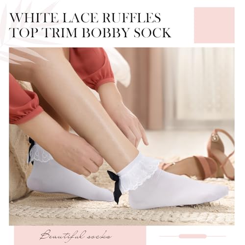 3 Pairs Women's White Lace Ruffles Bobby Frilly Socks with Black Bow, White Ruffled Anklet Socks Women with Bows for Skirts2