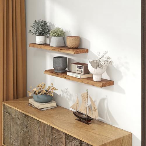 Image of Fun Memories 36 inch Wall Mounted Floating Shelves, Natural Elm Wood, 2 Pack