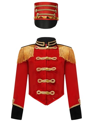 JEYPINMI Kids Boys Drum Major Long Sleeve Fringe Jacket Coat Hat Circus Ringmaster Marching Band Team Uniform