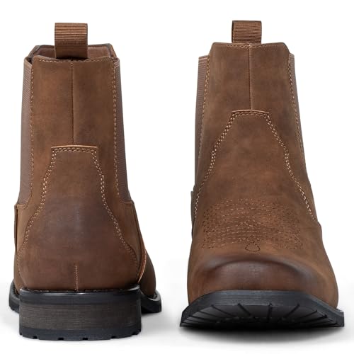 J's.o.l.e Western Cowboy Boots for Men Square Toe Chelsea Boots Ankle Mens Boots Slip On Casual Dress Shoes Brown2
