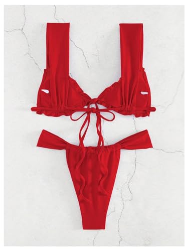 Women's Two Piece Swimsuits Frill Trim Tie Front Bathing Suit Wide Straps High Cut Sleeveless Bikini Sets2