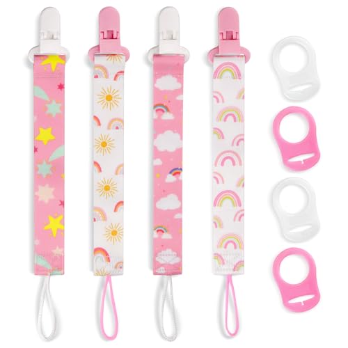 Image of 4 Pack Pacifier Clips for Boys Girls, Dummy Clips Baby with Adapters, Silicone Binky Clips for Baby Teething Toys Baby Shower (Pink+White)